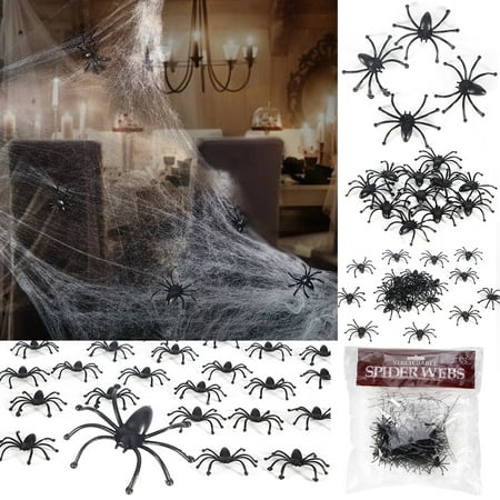 Halloween Decorations Stretchable Cobweb Halloween Party Ornament Spooky Spider Web with 24 Fake Spiders, Fit for Indoor and Outdoor