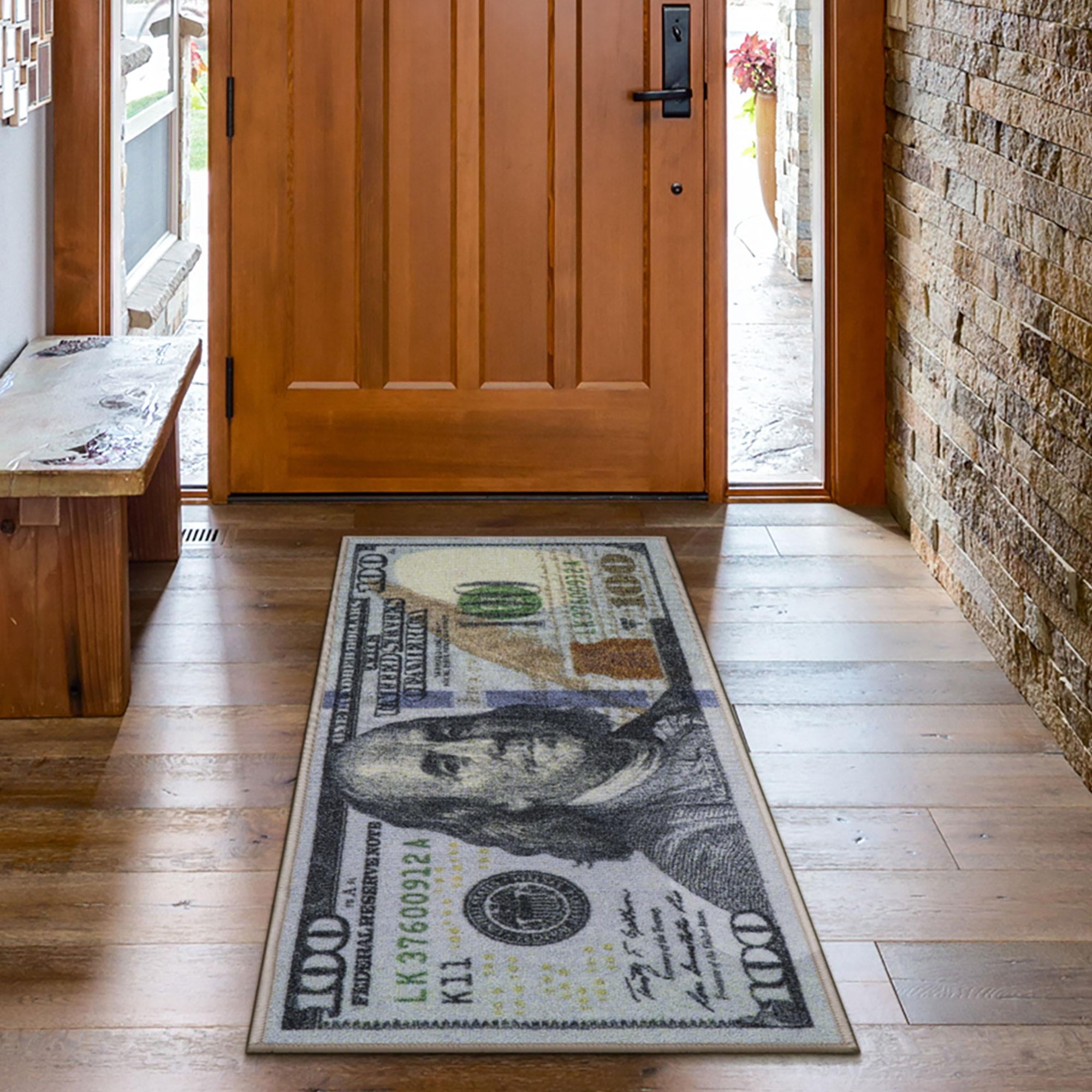 Ottomanson Machine Washable 100 Dollar Bill Non-Slip Rubberback 20x53 Money Rug, 20" x 53", Blue/Multicolor