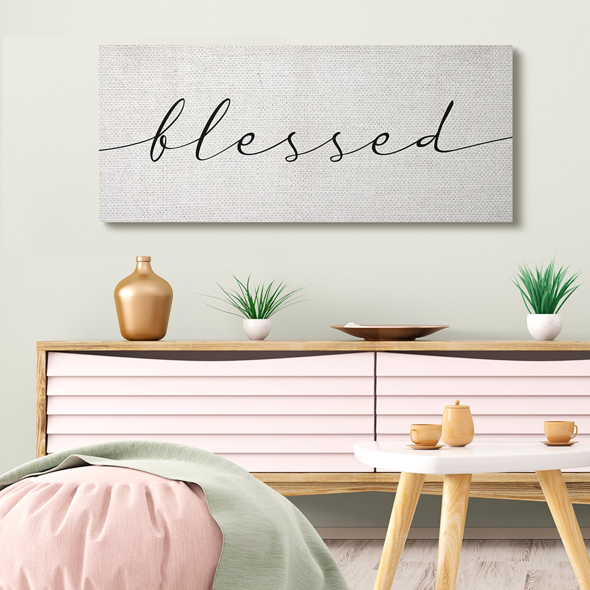 Stupell Industries Blessed Script Typography Minimal Black Off-White Typography Painting Gallery Wrapped Canvas Art Print Wall Art, 20 x 48