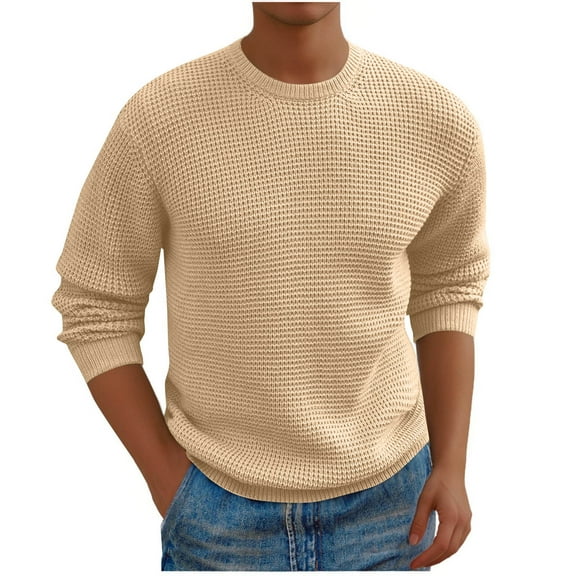 Dxzfnsa Men's Long Sleeve Sweater Honeycomb Waffle Pullover Sweater Crewneck Thermal Tops Lightweight Undershirts Fall Winter Outwear S-3XL