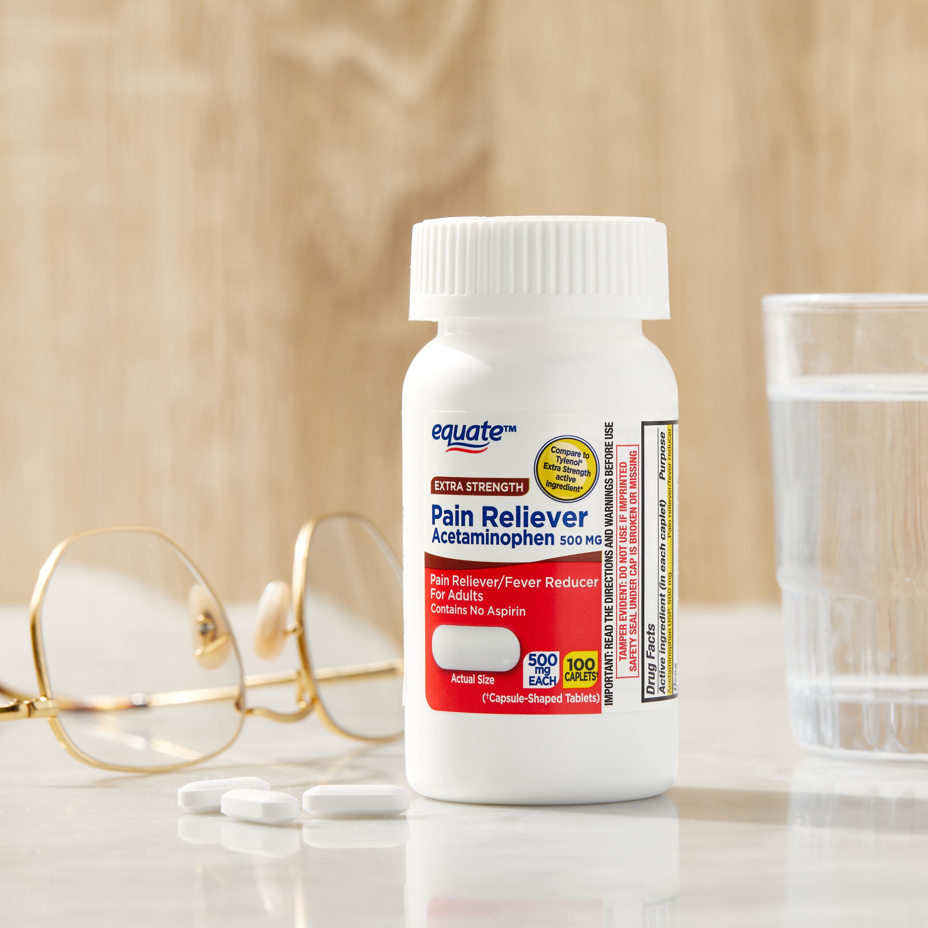 (3 pack) Equate Extra Strength Pain Reliever Acetaminophen Caplets, 500mg, Pain Reliever/Fever Reducer, 100 Count