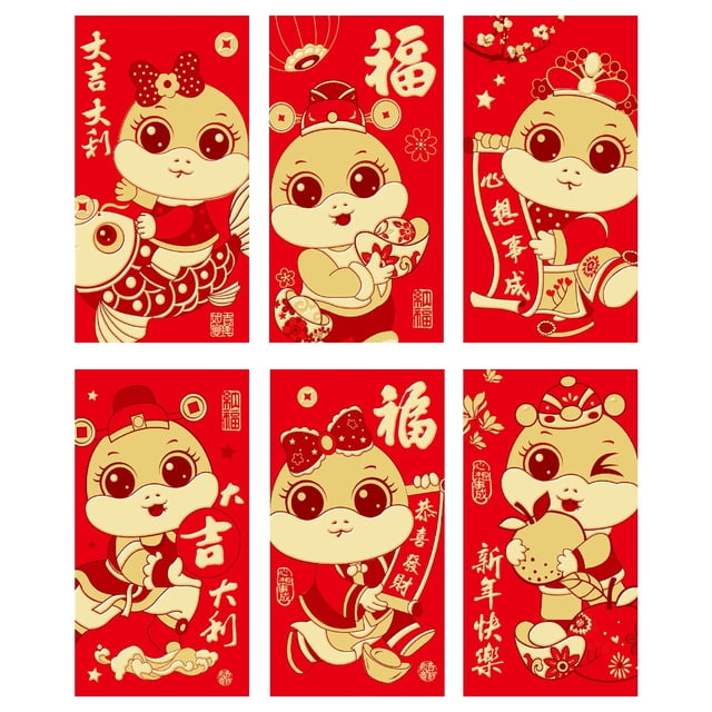 WHEANG Décoration Intérieure 6 Pcs Enveloppes Rouges Enveloppes Nouvel An Chinois pour 2025 Nouvel An 6 Designs Mignons Multicolores