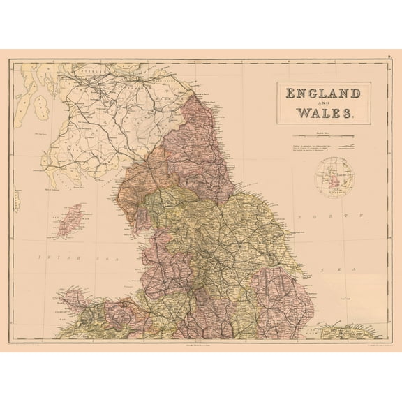 Historic Map - England Wales - Black 1867 - 30.42 x 23 - Vintage Wall Art