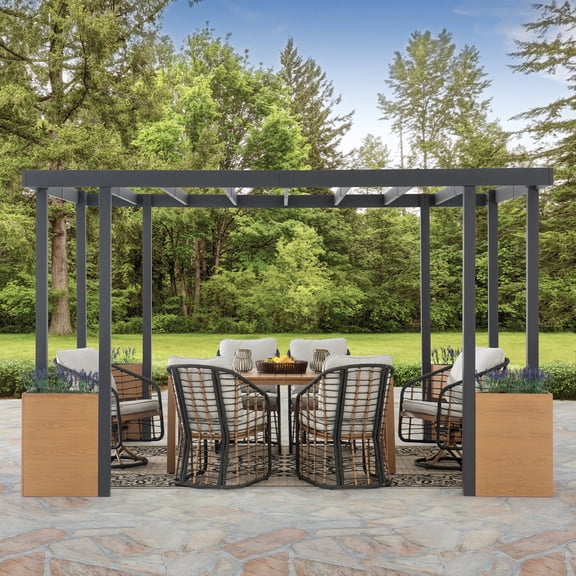 Sunjoy Pergola 10 x 12 ft. Outdoor Black Steel Frame Pergolas with Planters
