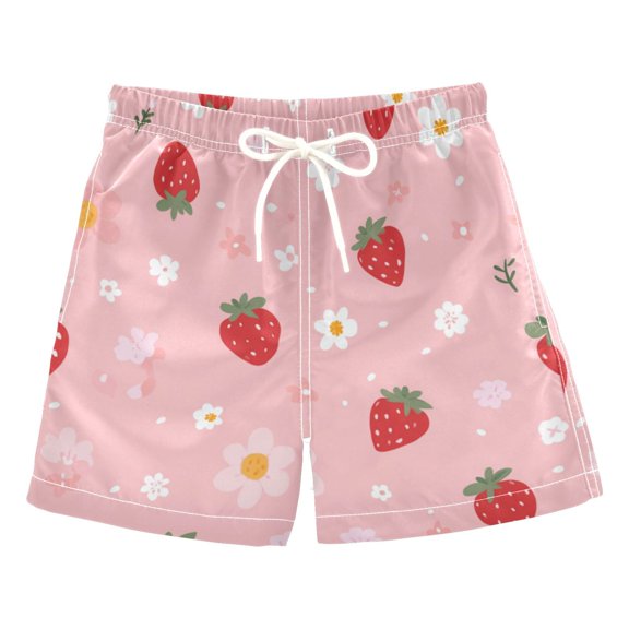 Kids' Beach Pants Comfortable Swim Trunks Strawberry and Flowers Shorts for Pool Vacation and Lounge Wear 2T