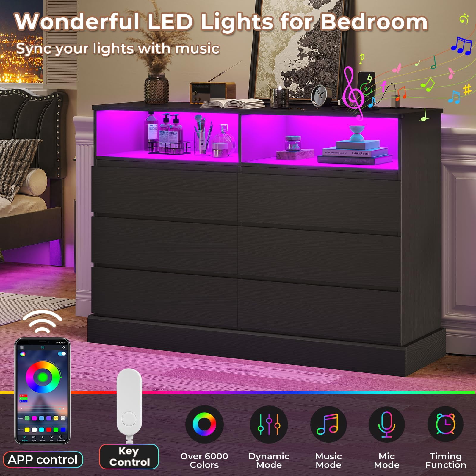 6 Drawer Dresser for Bedroom with LED Lights and Charging Station, Large Chest of Drawers for Bedroom Living Room, Black