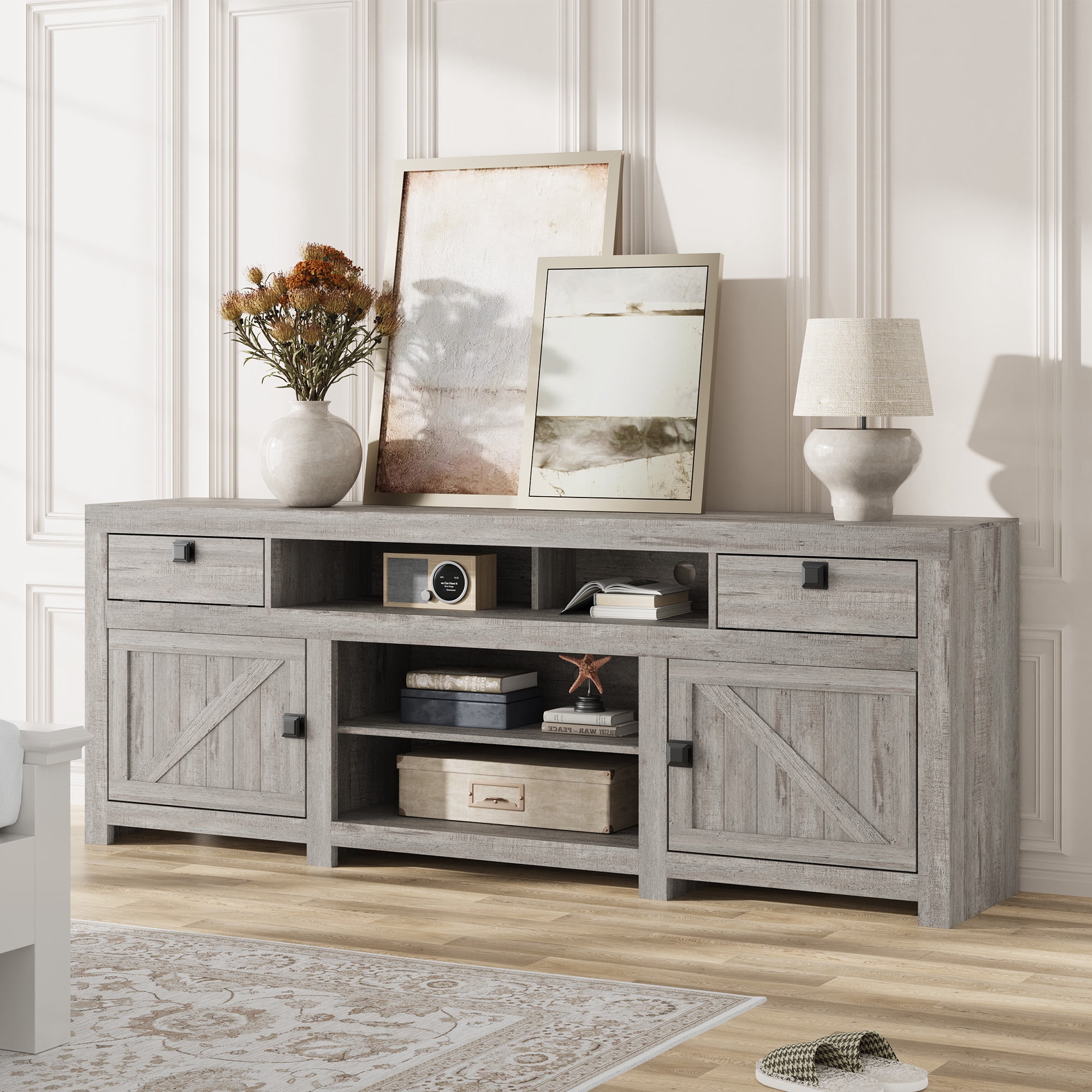 Farmhouse TV Stand for 80 Inch TVs, Long Entertainment Center with 4 Storage Doors & 3 Open Shelf, White Television Consoles Stands for Living Room, Bedroom