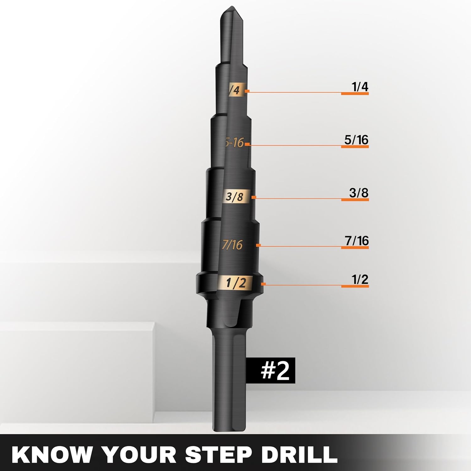 FRKSMD-#2 HSS Step Drill Bit Set 3/16-1/2" with 3/8 Shank - Black Oxide Finish for Metal, Wood, Plastic Drilling - Durable, Precision Multi-Sized Bits with 3-Flat Shank 575040