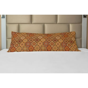 Moroccan Body Pillow Case Cover with Zipper, Vintage Hand Drawn Style Ottoman Trellis Floral Motifs, Decorative Accent Long Pillowcase, Orange Yellow Brown, by Ambesonne