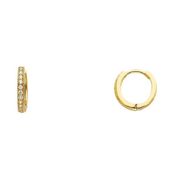 Huggie Hoop Earrings Solid 14k Yellow Gold CZ Small Huggies Round Pave Set Stylish Fancy Tiny 10 mm