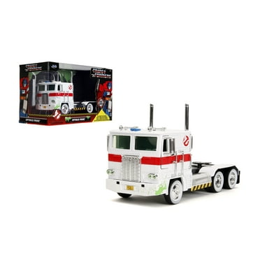 Jada Transformers G1 Optimus Prime Big Rig with Ghostbusters Ecto-1 Graphics - Die-Cast Vehicle - 1:24 Scale, Opening Doors, Hood & Trunk, Rubber Tires - Ages 8  - White/Green