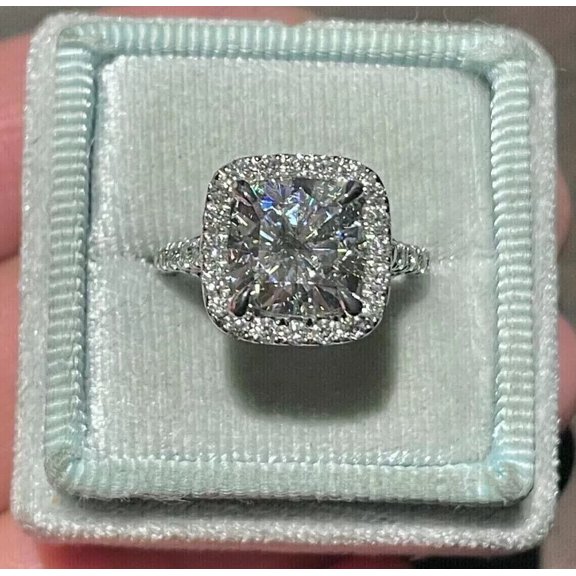 3Ct Cushion Cut Simulated Diamond Engagement Halo Ring 14K White Gold Plated 925 Sterling Silver
