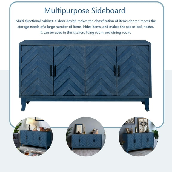 Living Room Cabinets Retroy Vintage 4-Door Credenza Cabinet - 60" Navy Blue Storage Buffet with M-Shaped Panel Doors, Solid Wood Base for Dining Room & Living Room,Wooden Cabinets