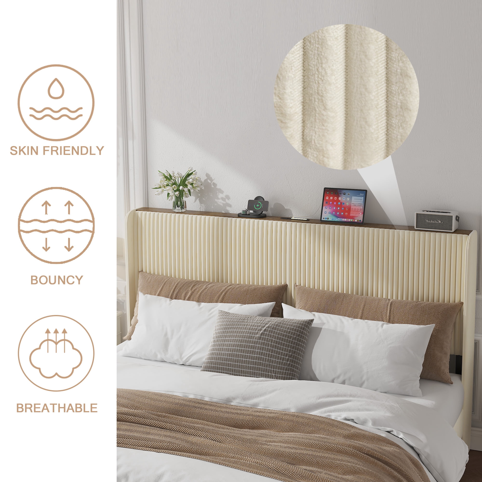 King Size Bed Frame with Headboard & Charging Station,Upholstered Platform King Bed Frames,Noise Free,Easy Assemble,Beige