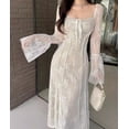 thumbnail image 3 of XXXITICAT Women's Floral Lace Maxi Dress Long Sleeve Square Neck Flower Print Swing Hem Layered White Fairy Long Dress(WH,L), 3 of 4