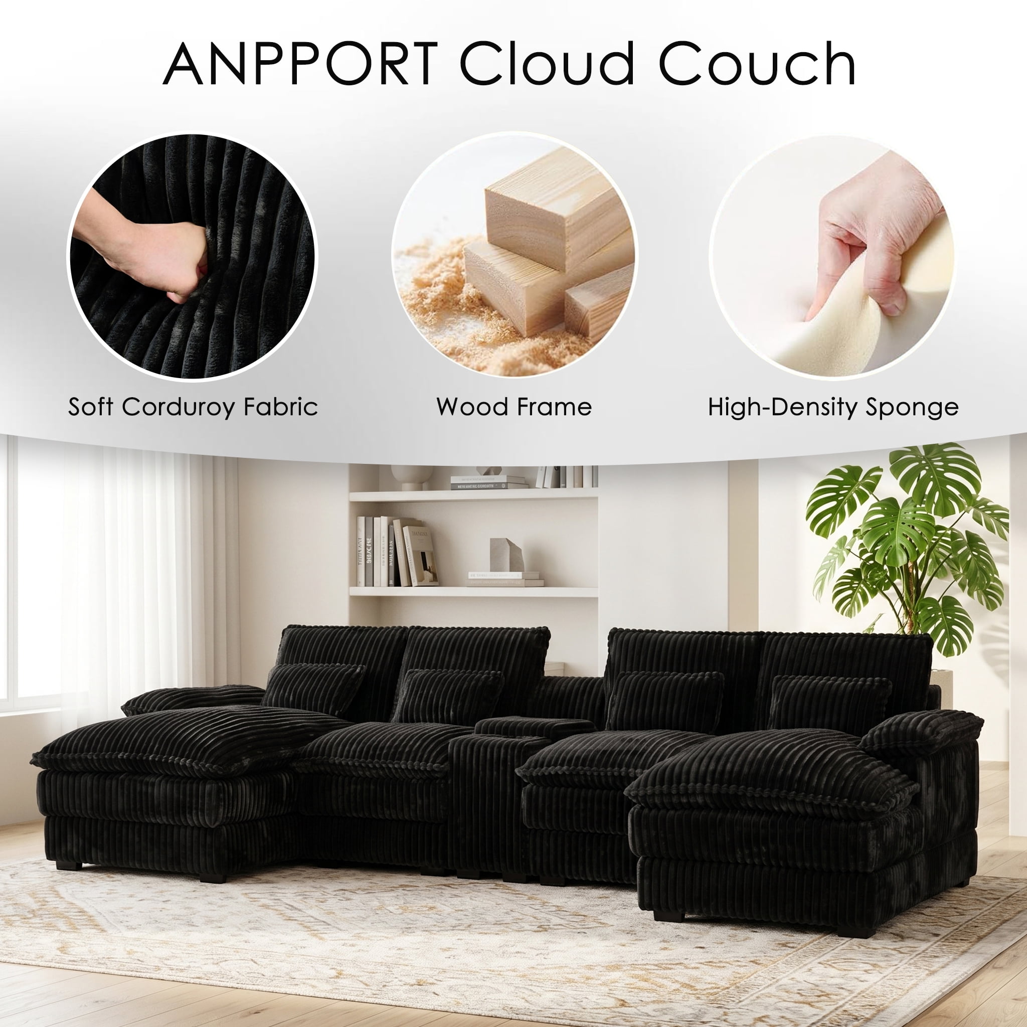 ANPPORT 124" U Shaped Cloud Modular Sectional Sofa, Corduroy Deep Seat Couch with Storage Console, USB Ports & Cup Holders for Living Room, Black