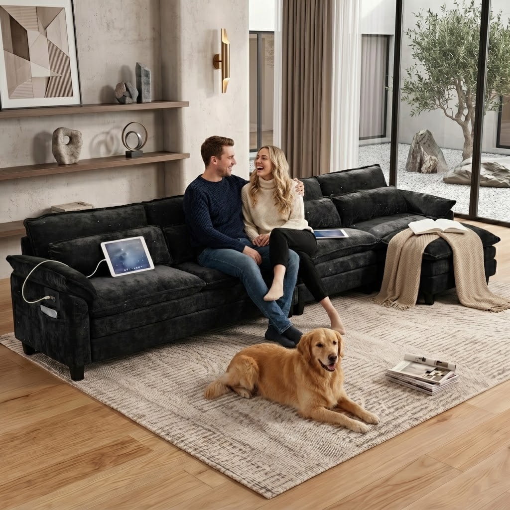 Howcool Cloud Couch Modular Sectional Sofa 4 Seat 148" L Shaped Convertible Couch Chenille Thick Cushion with Ottoman, Removable & Washable Cover for Living Room, Black