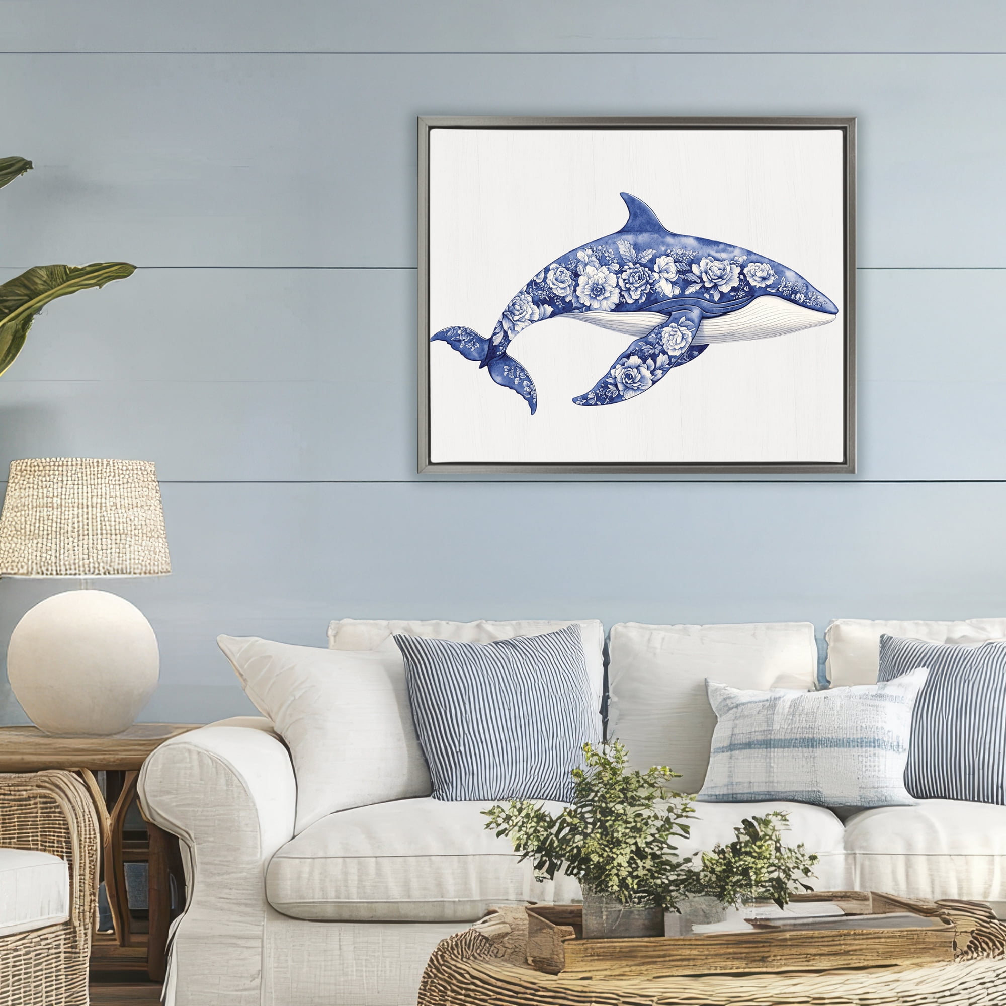 Floral Toile Whale Gray Framed Floater Canvas Wall Art, design by Lettered and Lined