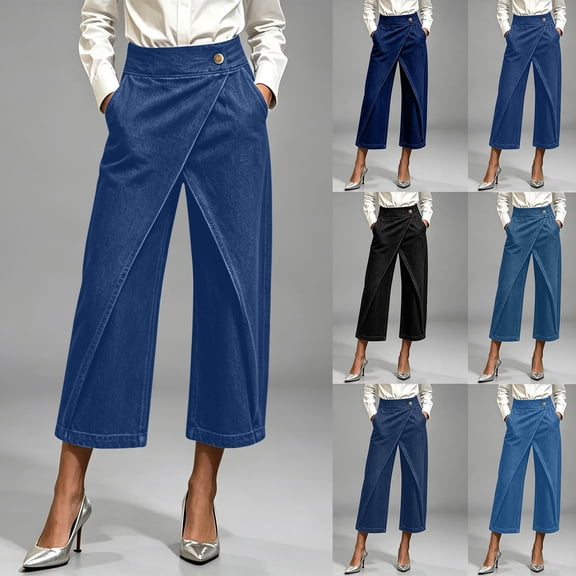 BUIGTTKLOP Capri Jeans for Women High Waisted Denim Capris Wrap Front Dressy Casual Wide Leg Summer Cropped Trousers