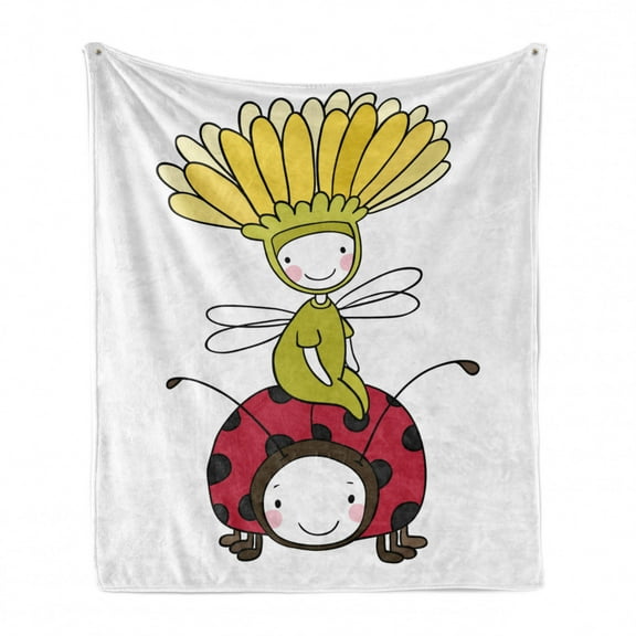Cartoon Soft Flannel Fleece Throw Blanket, Flower Fairy and Ladybug Hand Drawing Doodle Funny Fantasy Characters Artwork, Cozy Plush for Indoor and Outdoor Use, 50" x 70", Multicolor, by Ambesonne