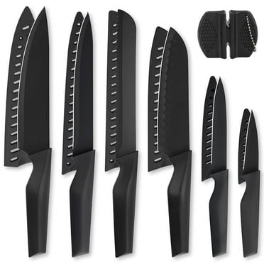 Detetap Knife Set, 13 Pcs Kitchen Knife Set,6 Anti-Rust Coating Stainless Steel Kitchen Knives with 6 Blade Guards, a knife sharpener, Dishwasher Safe .black.