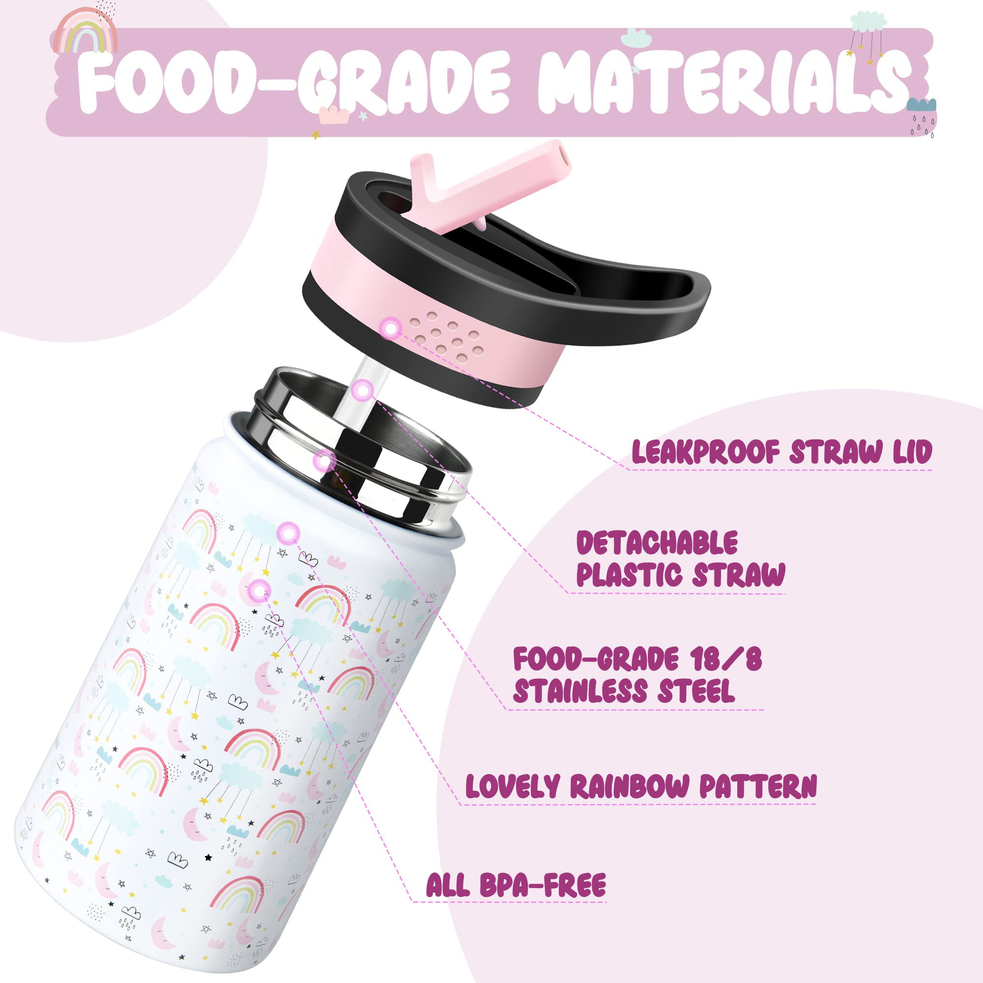  HQAYW Girl Water Bottle, 14 Oz Water Cups for Kids with 2 Lids,  18/8 Stainless Steel Water Bottles Leak-Proof, Kids Thermal Water Bottle  with Straw, Double Wall Vacuum Thermos with Sleeve