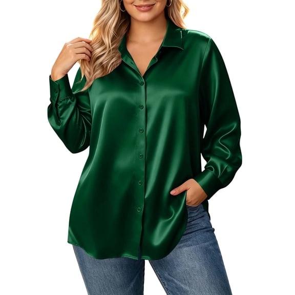 AKOEE Plus Size Shirts for Women Button Down Dressy Casual Soft Satin Long Sleeve XL-5X Lapel Collar Blouses (3XL, Green)