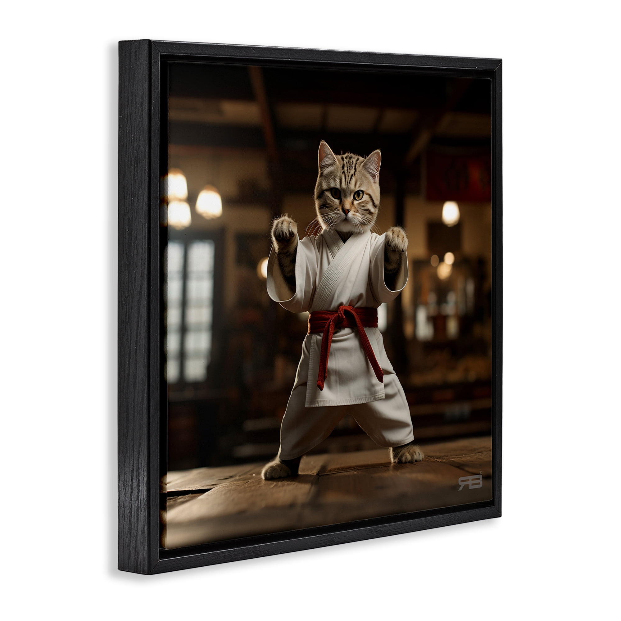 Stupell Industries Martial Arts Cat Novelty Painting Black Floater Framed Canvas Art Print Wall Art, 25 x 25
