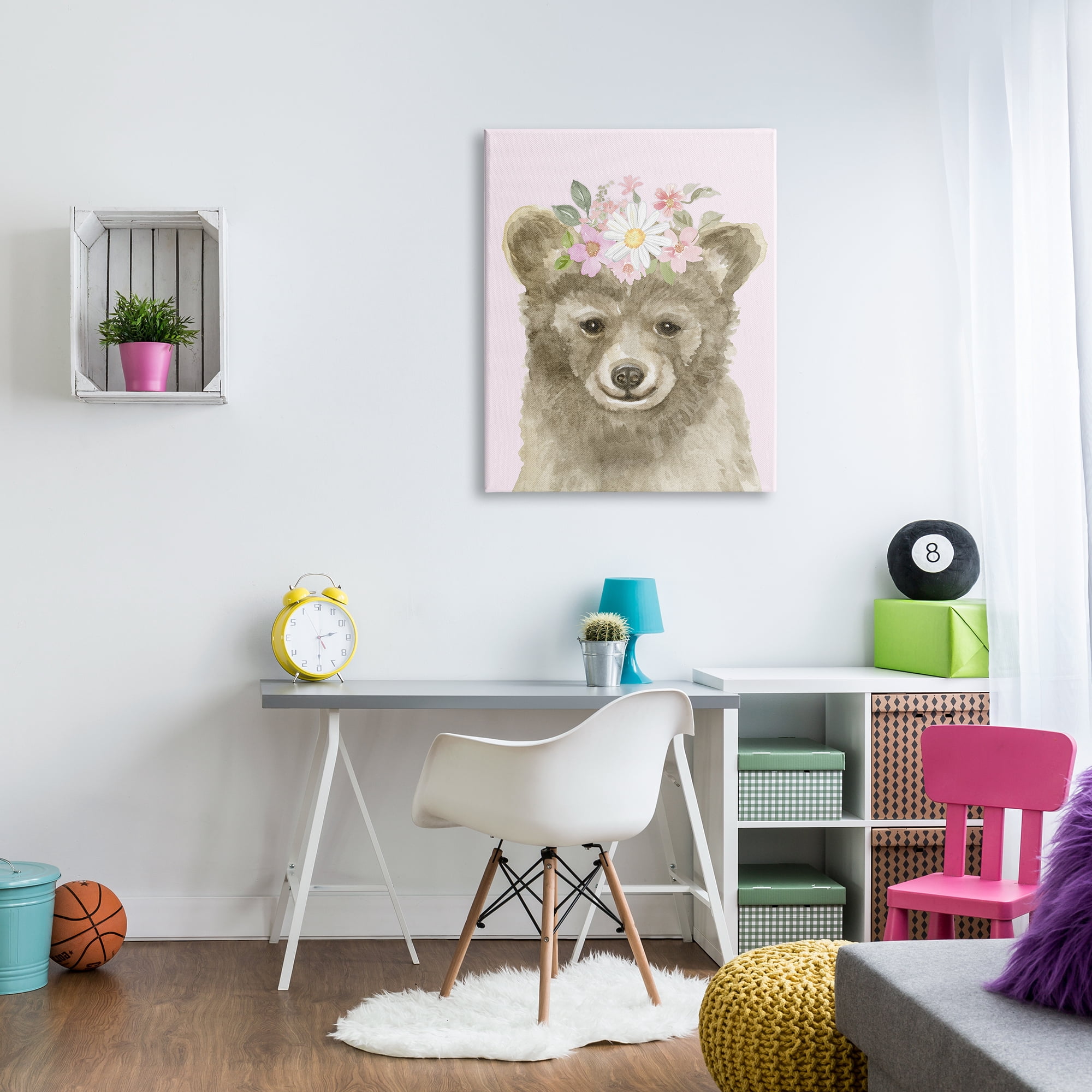 Stupell Industries Floral Bear on Pink Animals & Insects Painting Gallery Wrapped Canvas Print Wall Art, 30 x 40