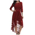 Women's Lace Dress Bow Belt Elegant Irregular Length Dress Sleeveless
