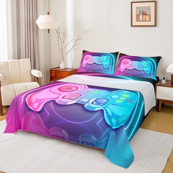 Manfei Teens Video Game Twin Sheet Sets,Console Game Lover Twin Fitted Sheet,Gradient Pink Blue Flat Sheet For Kids,Microfiber Bedroom Decor,3 Pieces