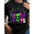 thumbnail image 1 of Women's Halloween T-Shirt - Spooky Pumpkin Skull Graphic Tee - Stretchy Cotton Fabric - Black Halloween Party outfit - Machine Washable Fall Festival apparel - Costume Party Top, Halloween Clothes, 1 of 6