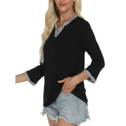 VDJ Womens 3/4 Sleeve Tops Striped Color Block Henley V Neck T Shirts Fashion Fall Tunic Elegant Black Tee Blouse Size XL