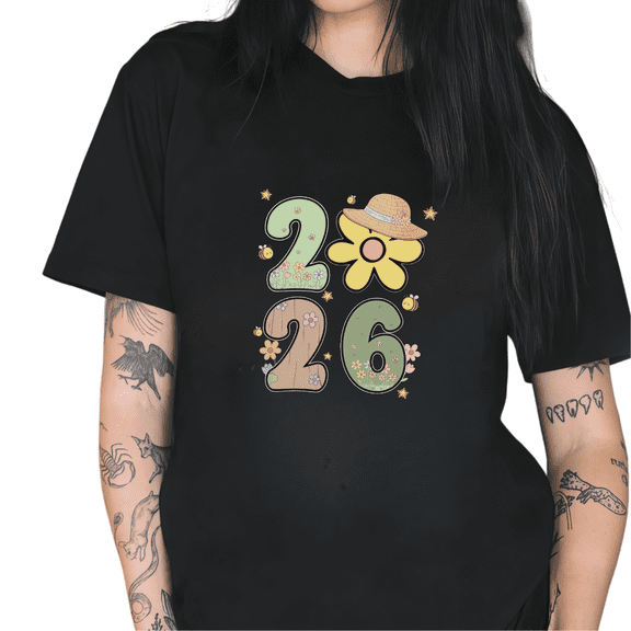 Women's Floral 2026 Comfortable T-Shirt Casual Top Cute Garden Themed Graphic Short Sleeve Round Neck Black S-5XL