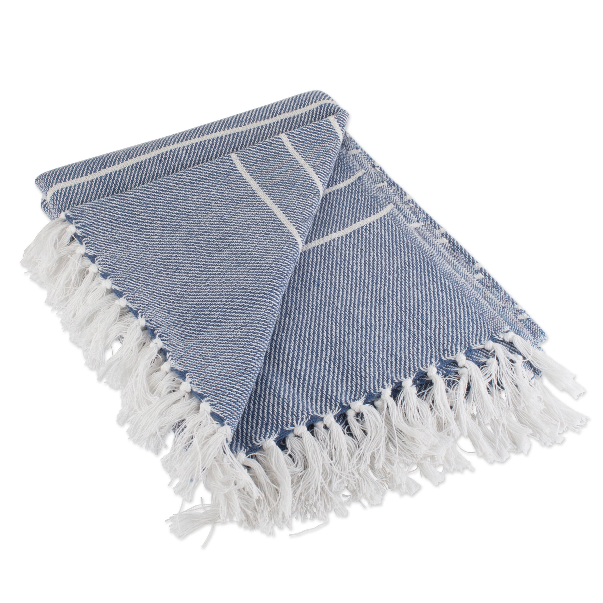 Blue and White Striped Knitted Fringed Throw Blanket 50" x 60