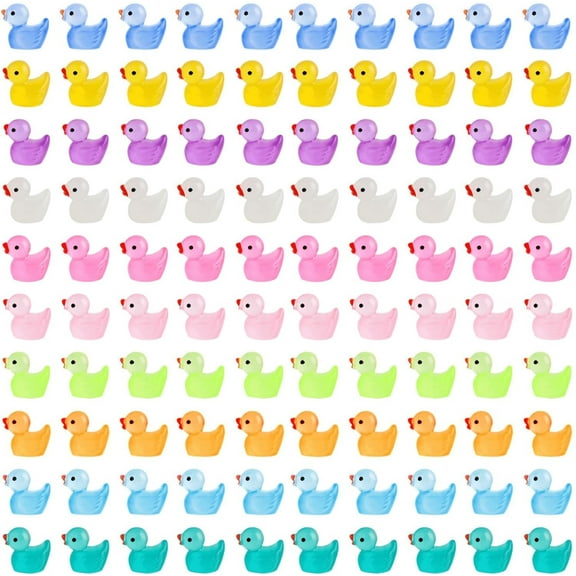 100PCS Tiny Resin Bulk Duck Miniature Figures Ornament Luminous Transparent Multicolor Dollhouse Decor Accessorie for Garden Aquarium Potted Ornament,10 Colors