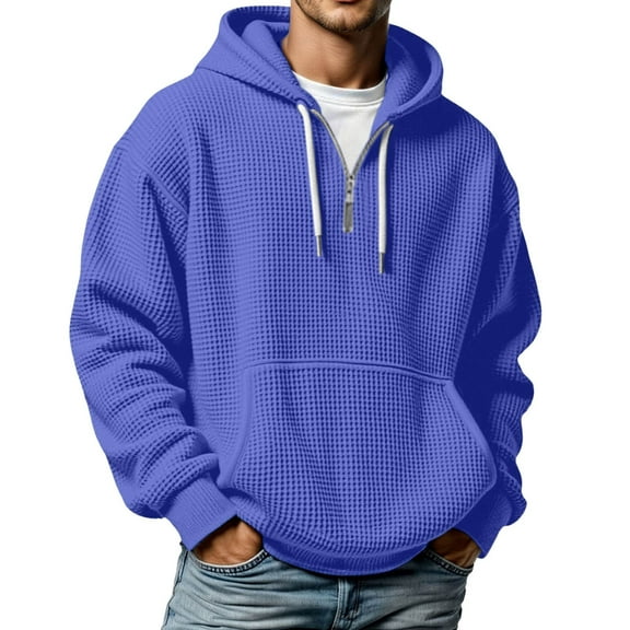 YAYUBA Men's Waffle Knit Quarter Zip Christmas Hoodie Thick Lined Pullover for Winter Warmth Adjustable Hood and Comfortable Relaxed Fit Streetwear