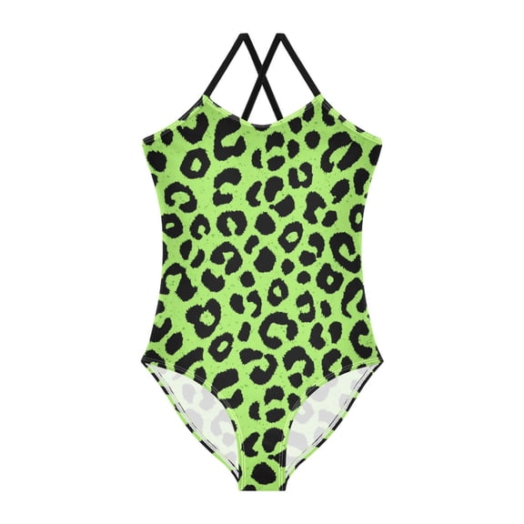 Girls' One-piece Swimsuit Cross Back Bathing Suit Beach Surfing Sizes 3T-10T Neon Green Leopard Print