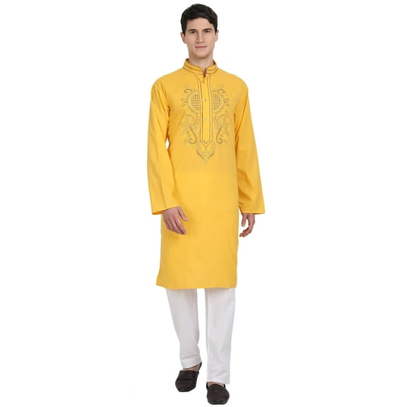 SKAVIJ Kurta Pajama Set for Men Long Sleeve Cotton Party CasualGold XL
