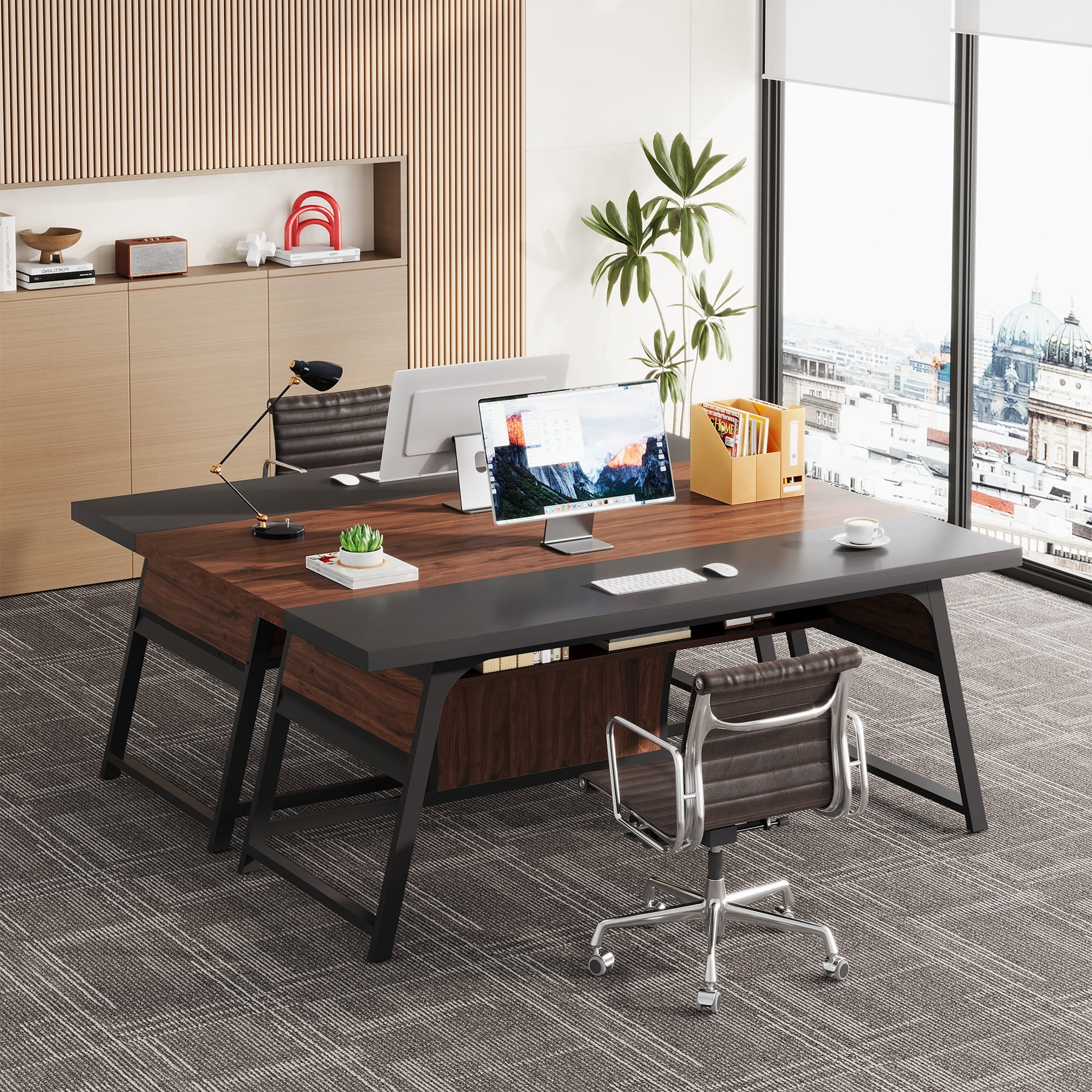 Condemo 63 Inch Executive Office Desk, Large Computer Table with Metal Frame & Storage Shelf, Study Writing Workstation with LED Light, Modern Business Furniture for Home Office, Walnut and Black