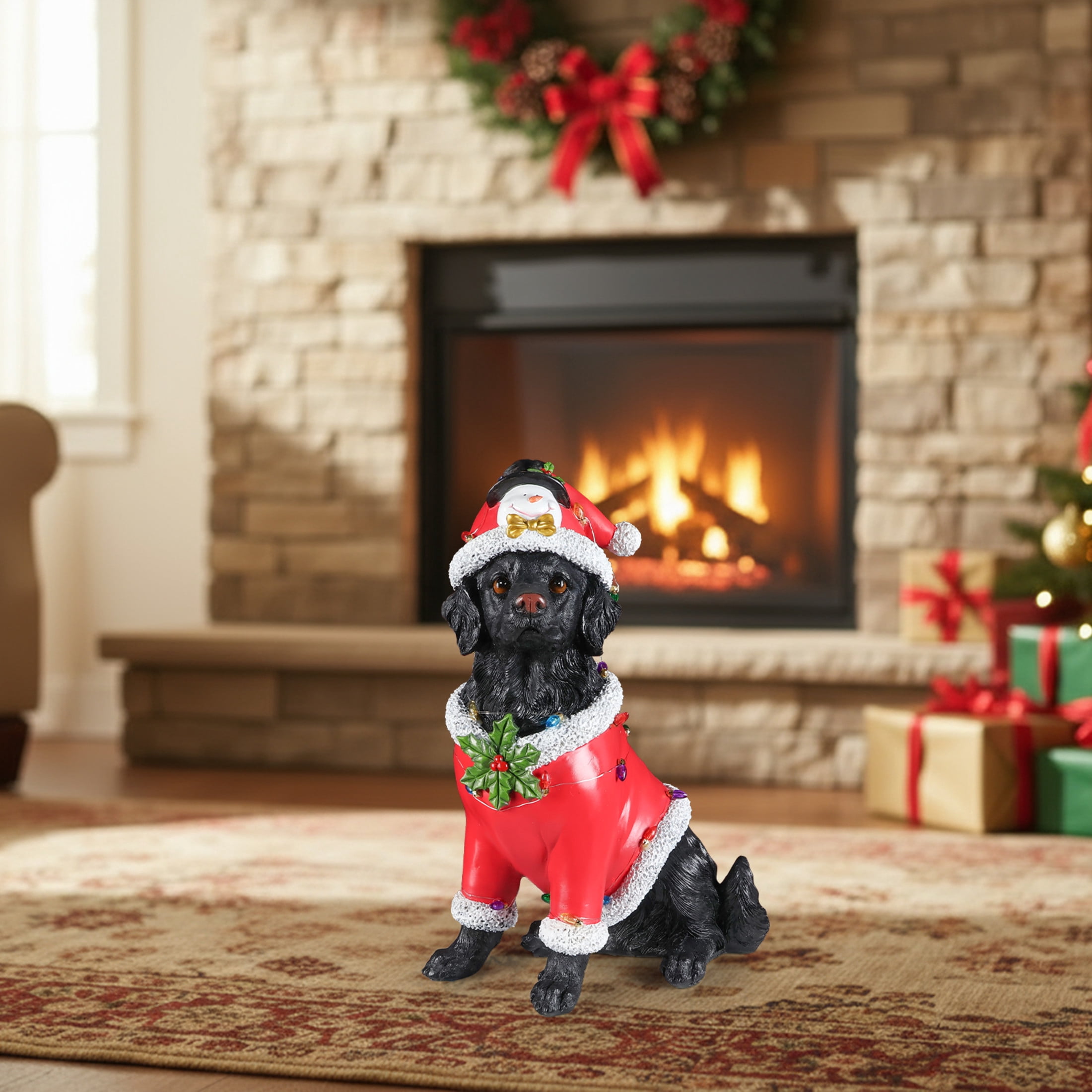 Noble House Christmas Golden Retriever Statue, Cheerful Holiday Dog Figurine in Santa Outfit, Black Fur & Red Shirt