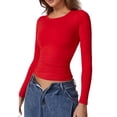 thumbnail image 3 of Women'S Crewneck Long Sleeve Shirt Double Lined Basic Tees Side Ruched Going Out Crop Tops Red XS, 3 of 10
