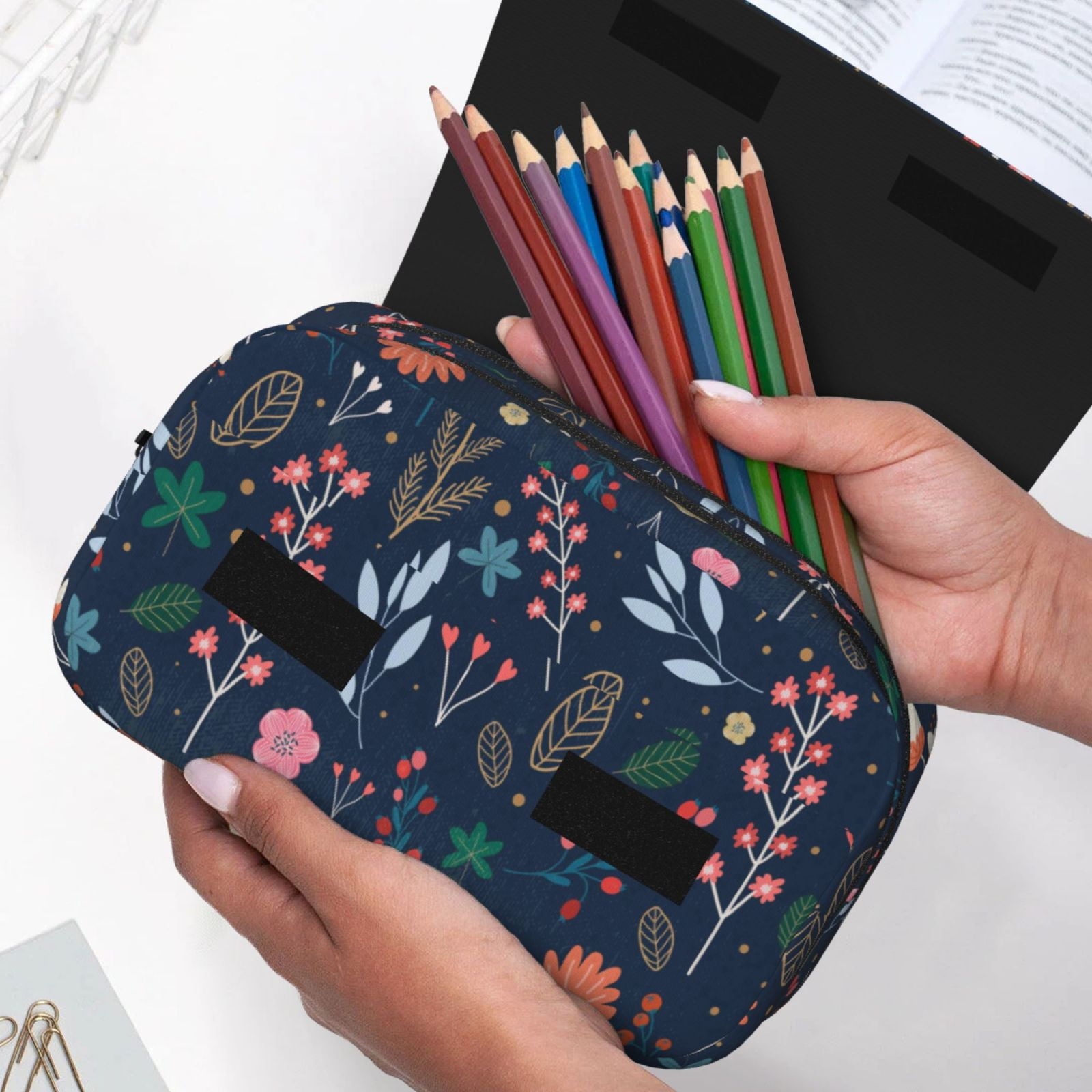 Rateoe Colorful Flowers Pattern Double Clamshell Pen Case, Storage Organizer with Two Zipper Compartments– Holds Up to 50 Pencils & Pens