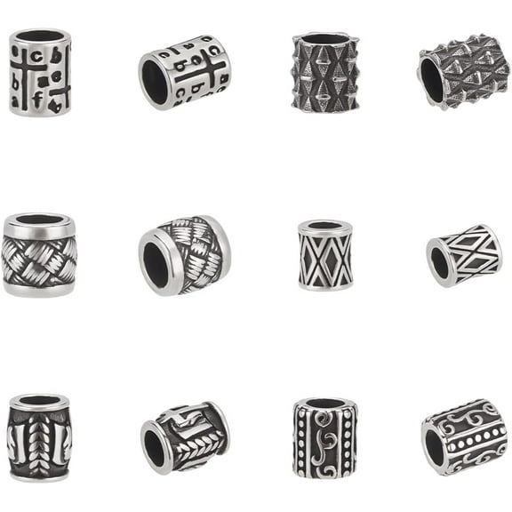 12Pcs 6 Styles Paracord Bead Stainless Steel Large Hole Beads Grooved Beads Metal Lanyard Bead Antique Silver Beads Metal Beads for Bracelet Necklace