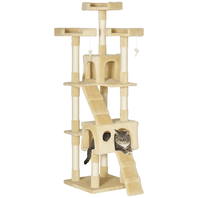 PawHut Arbre à Chat de 68 Pouces, Grande Tour à Chat à Plusieurs Niveaux avec Condo, Beige