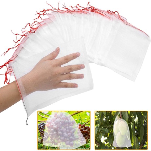 Scheam 50 Pcs Fruit Protection Bags ,Netting Bags, Garden Plant Fruit Protect Drawstring Net Bag， Garden Netting Pest Barrier, Bug Net Tiny Mesh Bags Drawstring Netting 10"x6" inch