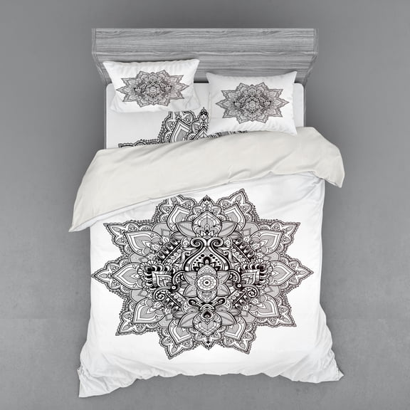 Ambesonne Leaf Bedding Set 4 Pcs, Bohemian Magic, Queen, Grey Black