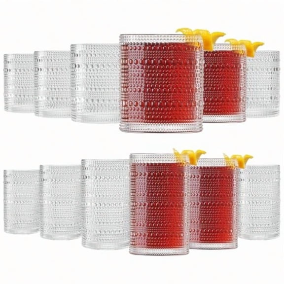 Plastic Hobnail Drinking Glasses Set of 12 Clear Color Cups 6x 10oz Lowball 6x 1oz Highball Acrylic Beaded Design Dishwasher Safe Indoor/Outdoor Drinkware Water Juice Cocktails