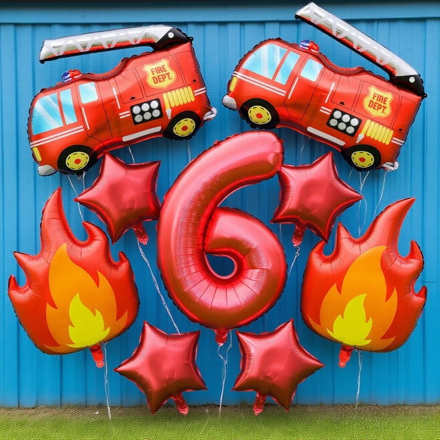 Ensemble de Ballons, Ballons Chiffres Rouges 0-9, 4 Étoiles, 2 Ballons Camion de Pompiers et 2 Ballons Flamme, pour Décoration de Fête d'Anniversaire, du Nouvel An et de Noël