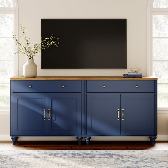 TV Stand for 75 inch TV with 4 Doors and 2 Drawers, Wood Universal TV Stand with Storage Cabinets, Entertainment Center TV Console Table for Living Room, Bedroom, Navy Blue